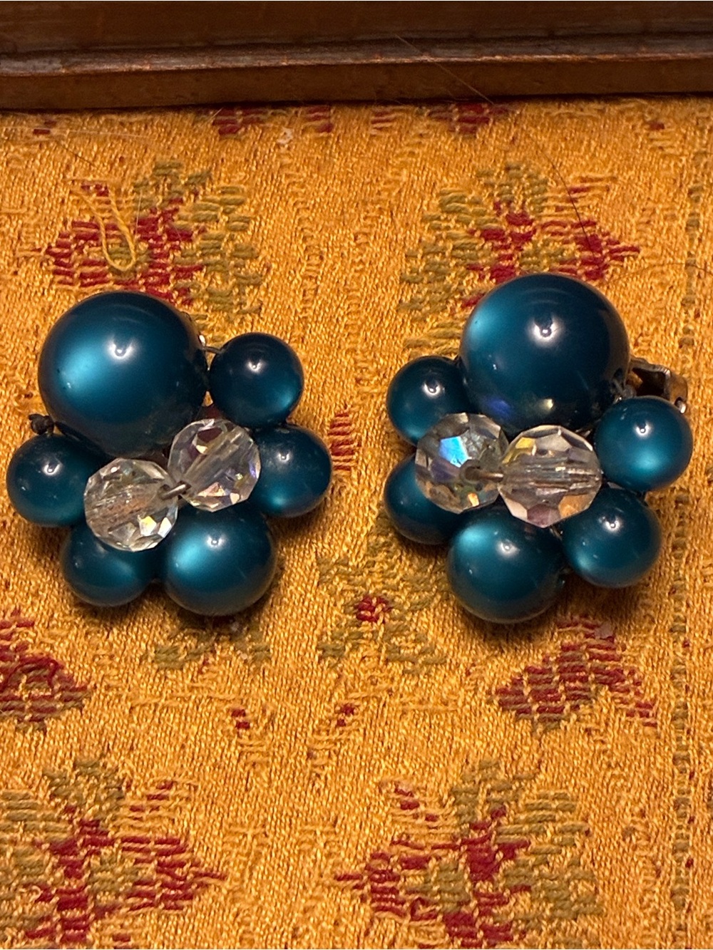 Vintage Teal Cluster Clip-On Earrings with Faceted Glass Beads